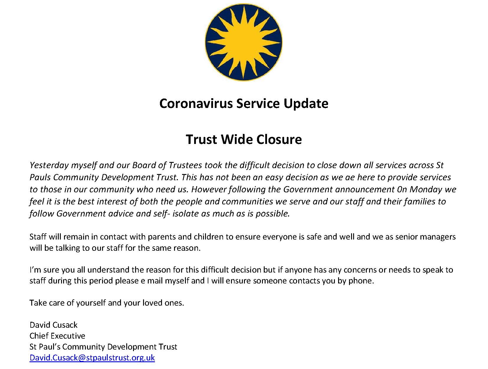 Trust Closure Statement from CEO RE Covid-19.